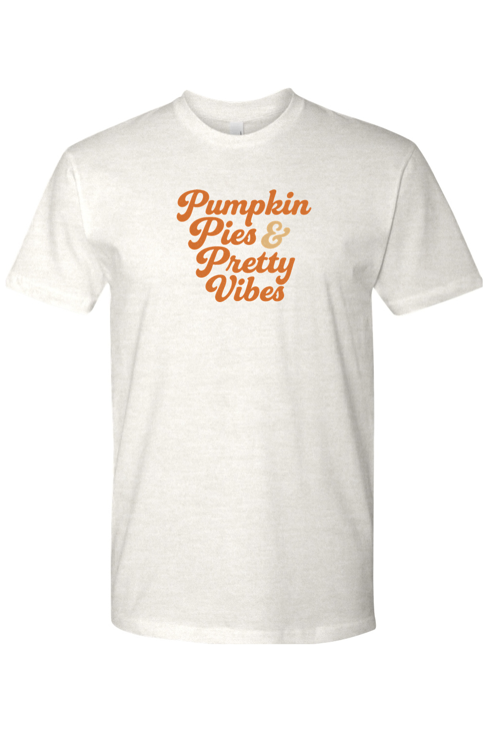 Light cream Thanksgiving t-shirt with "Pumpkin Pies & Pretty Vibes" text in a cursive font cute trendy fall holiday short sleeve shirt