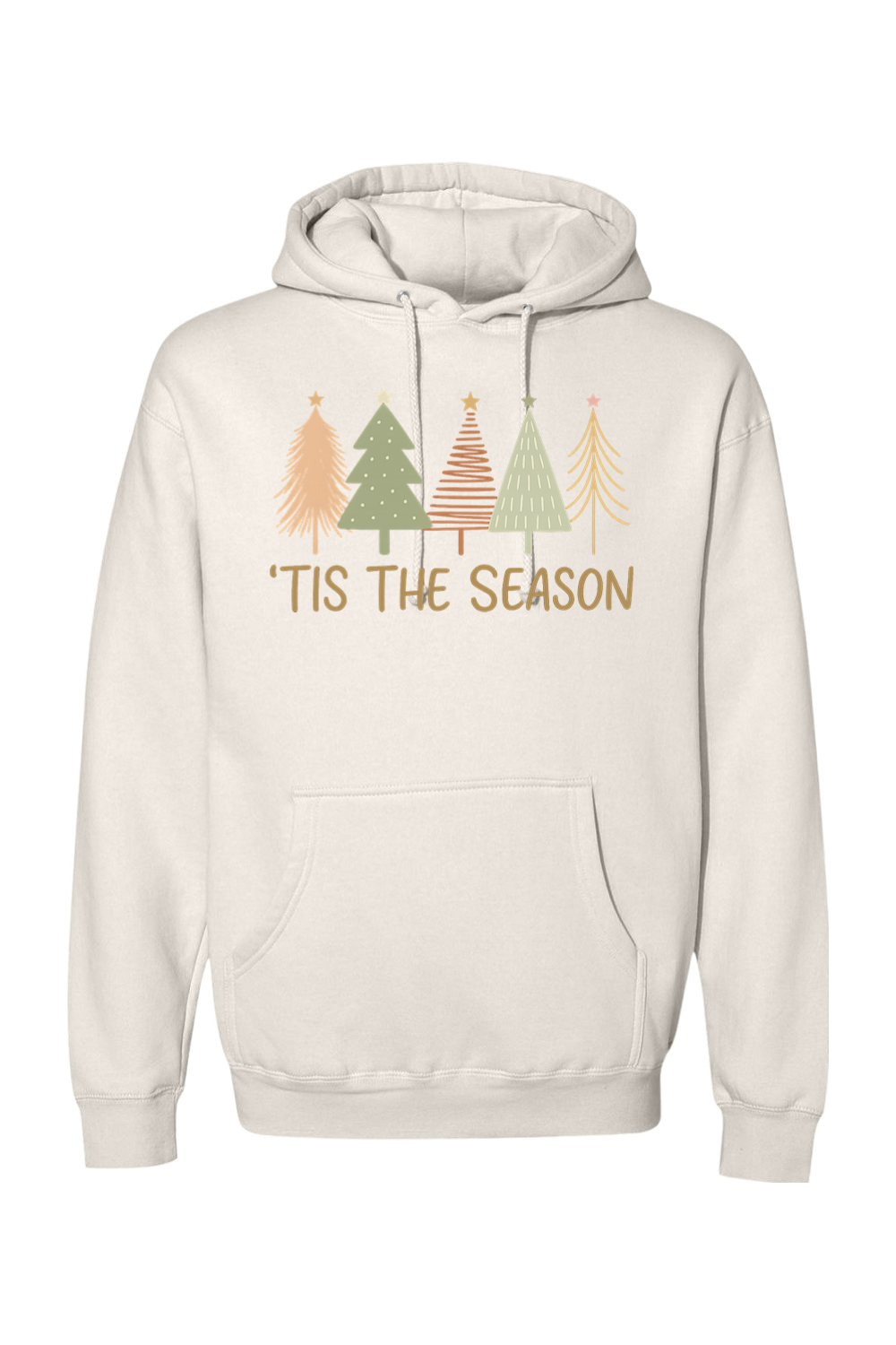 Cream Christmas hoodie with "'Tis the Season" text and pastel colored Christmas trees design cute trendy festive holiday long sleeve hooded sweatshirt