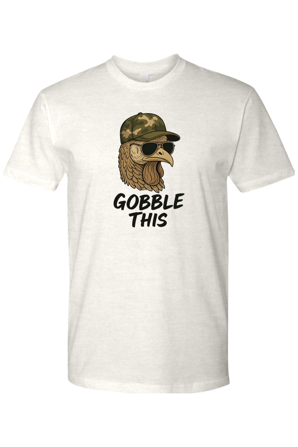Light cream Thanksgiving t-shirt with "Gobble This" text with a turkey in sunglasses and camouflage hat funny hunting military fall holiday short sleeve shirt