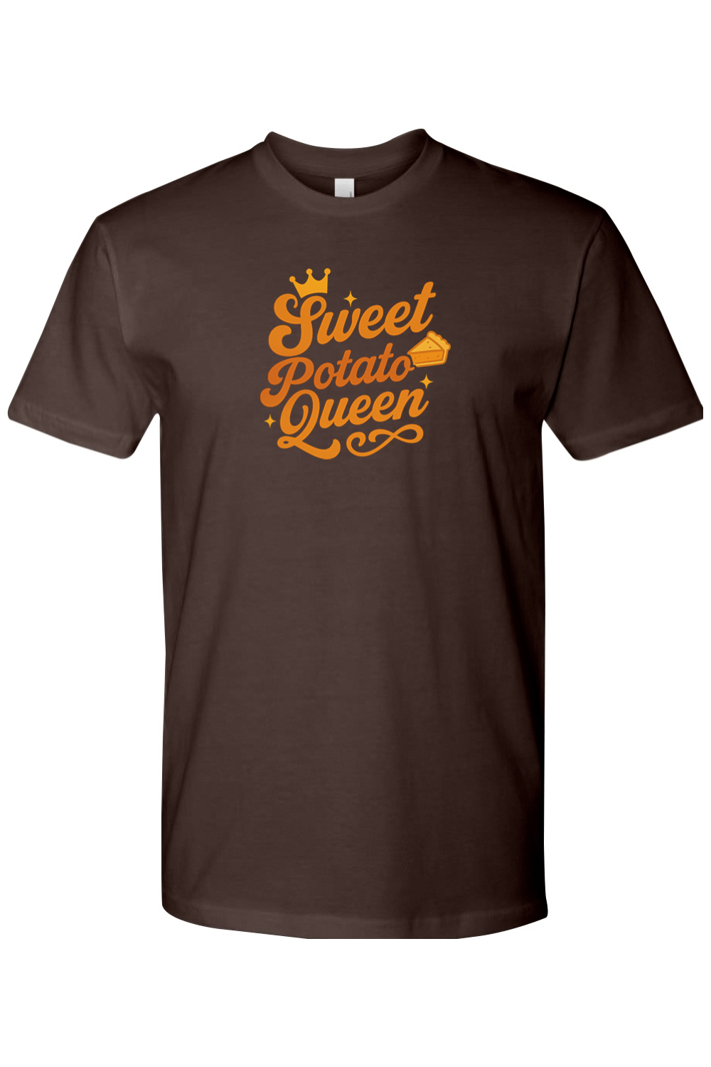 Brown Thanksgiving t-shirt with Sweet Potato Queen" text with a crown and pie slice design cute girly southern trendy fall holiday short sleeve shirt