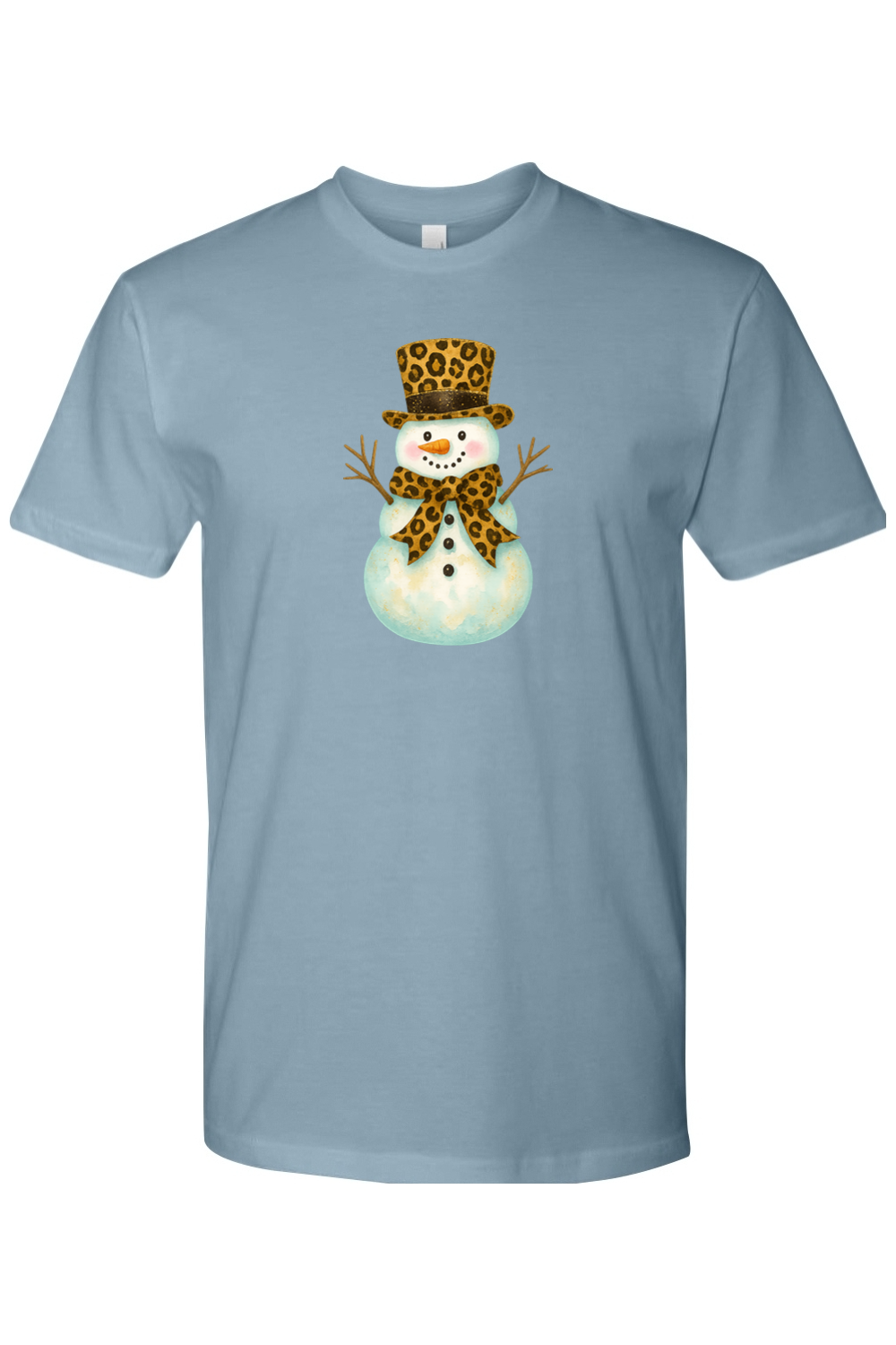 Blue Christmas shirt with a snowman in a leopard print bow and leopard print top hat design cute girly festive holiday short sleeve shirt