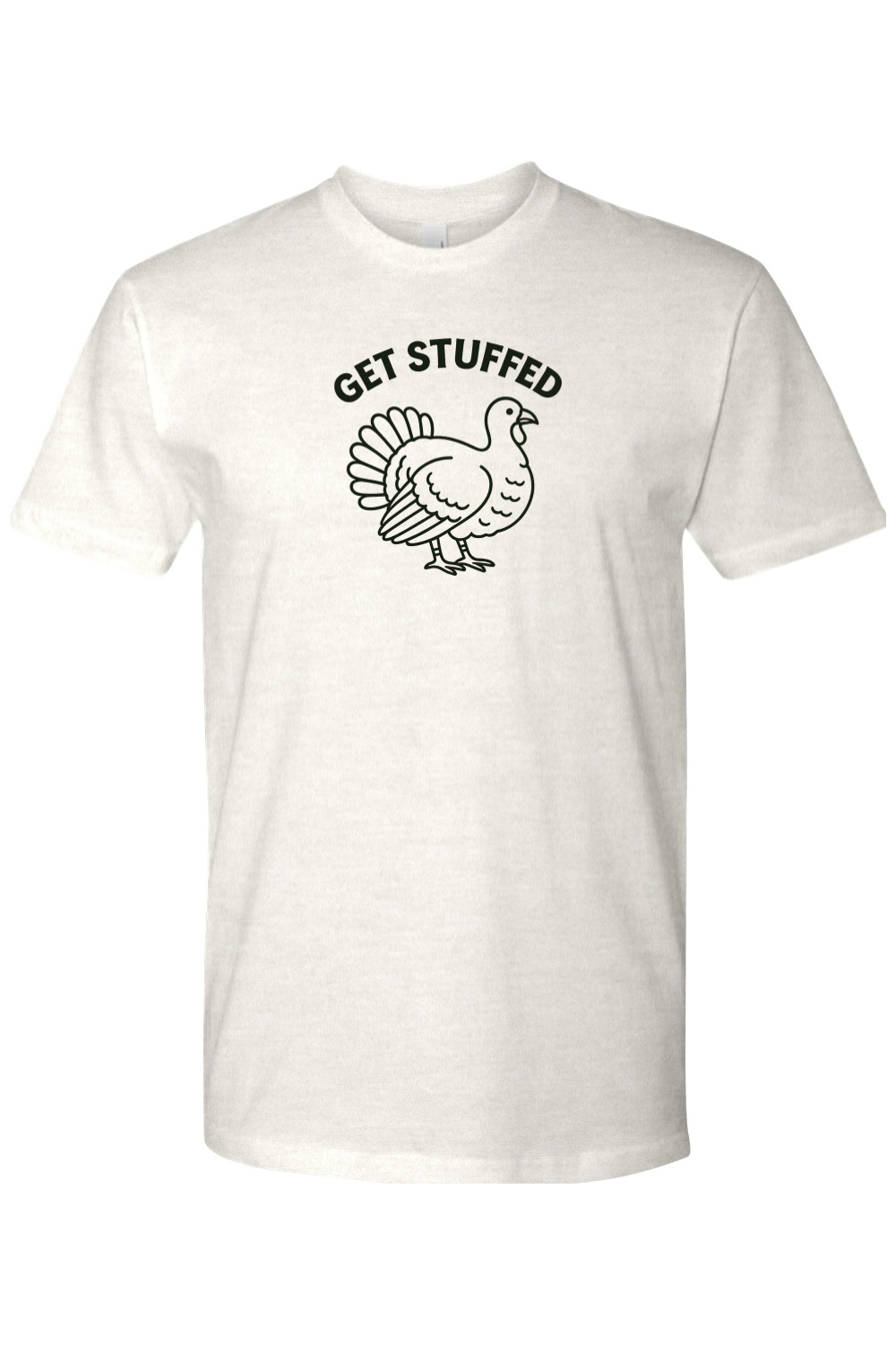 Light cream Thanksgiving t-shirt with "Get Stuffed" text and a turkey design funny humor sarcastic fall holiday short sleeve shirt