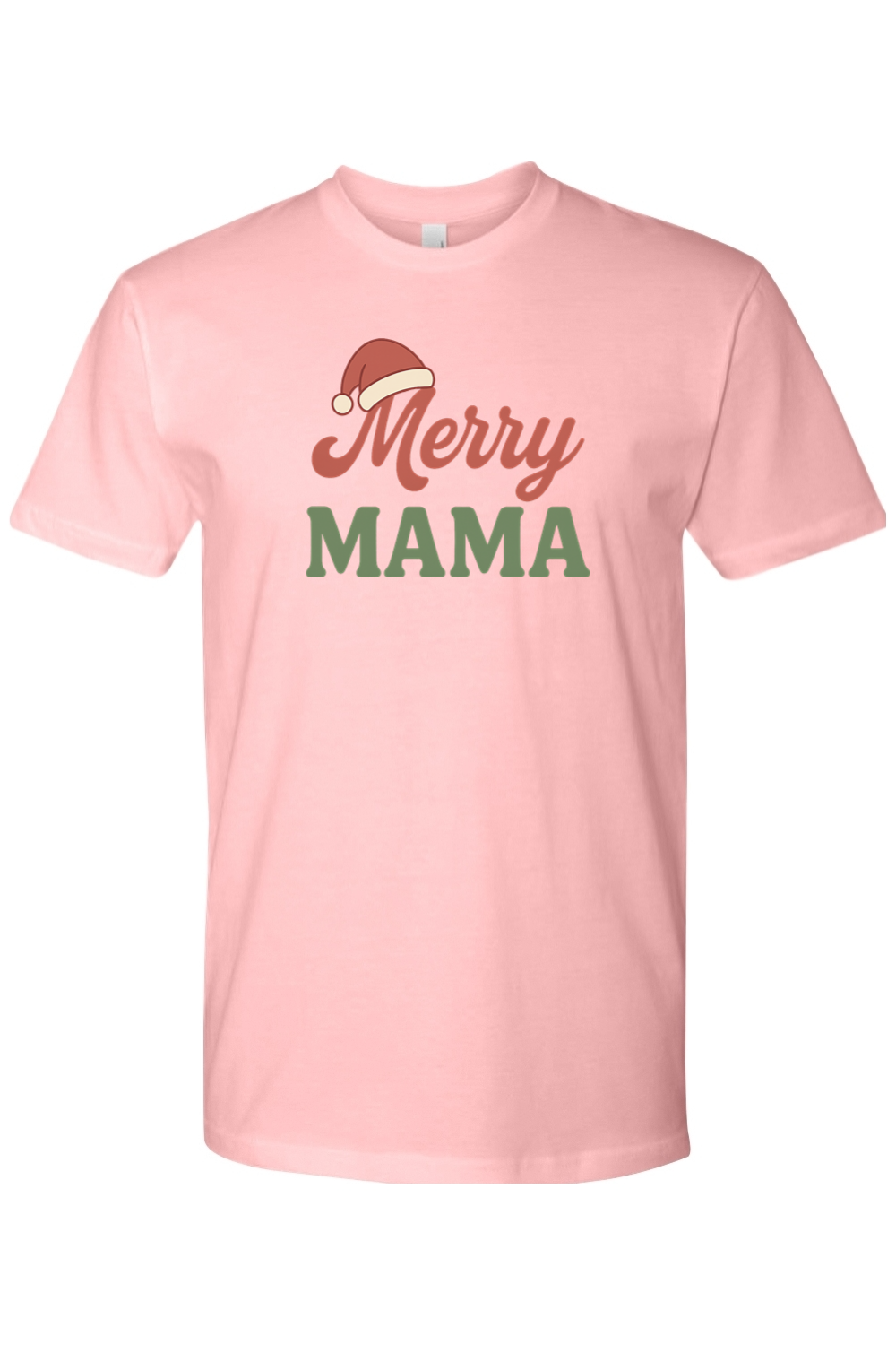 Light pink Christmas t-shirt with "Merry Mama" text with a Santa hat over the M in Merry cute trendy mom mother holiday short sleeve shirt
