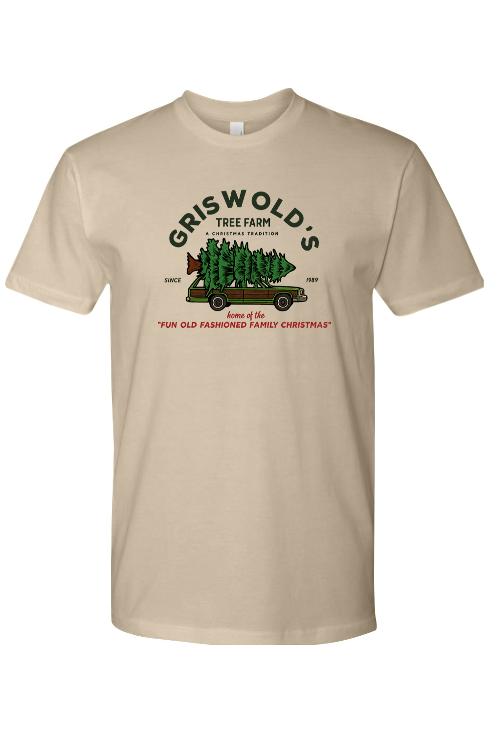 Dark beige Christmas t-shirt with "Griswold's Tree Farm A Christmas Tradition Since 1989 Home of the Fun Old Fashioned Family Christmas" text with a Christmas tree strapped onto a car design cool festive holiday short sleeve shirt