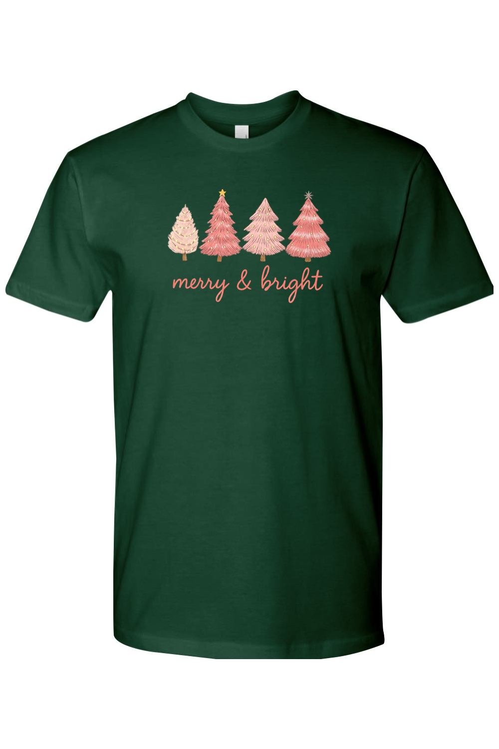 Dark green Christmas t-shirt with "Merry & Bright" in pink and four pink Christmas trees designs cute girly trendy holiday short sleeve shirt