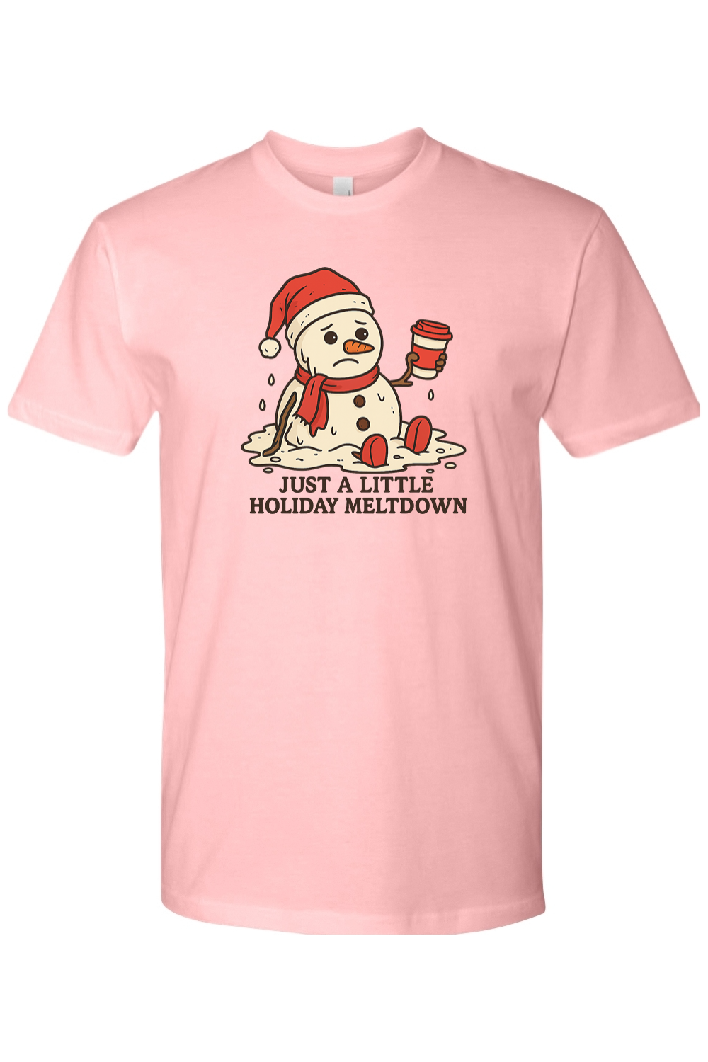 Light pink Christmas t-shirt with "Just A Little Holiday Meltdown" text with a melting snowman holding a coffee design funny festive holiday short sleeve shirt
