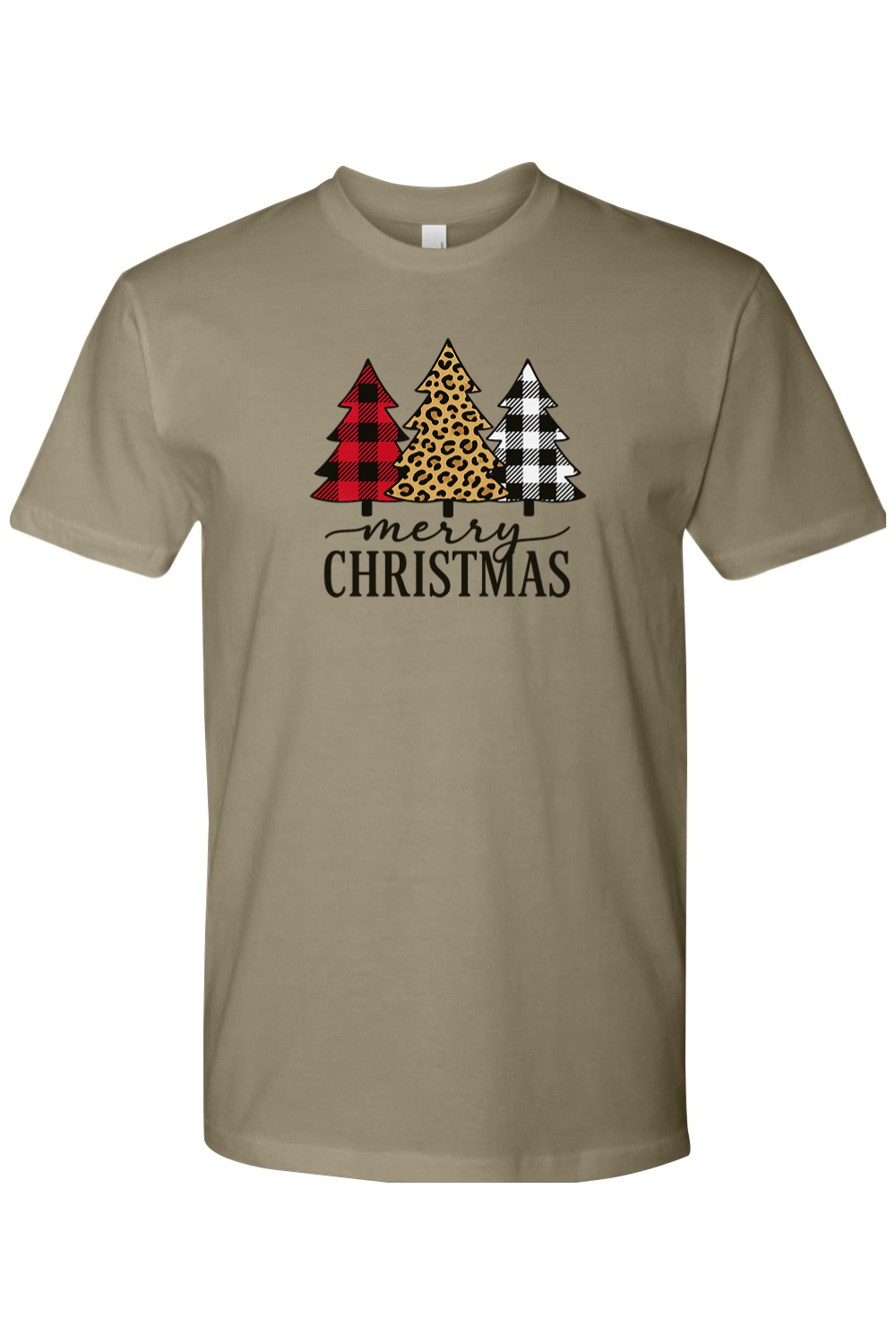 Olive green Christmas t-shirt with plaid and leopard print Christmas trees design and "Merry Christmas" text festive trendy holiday short sleeve shirt