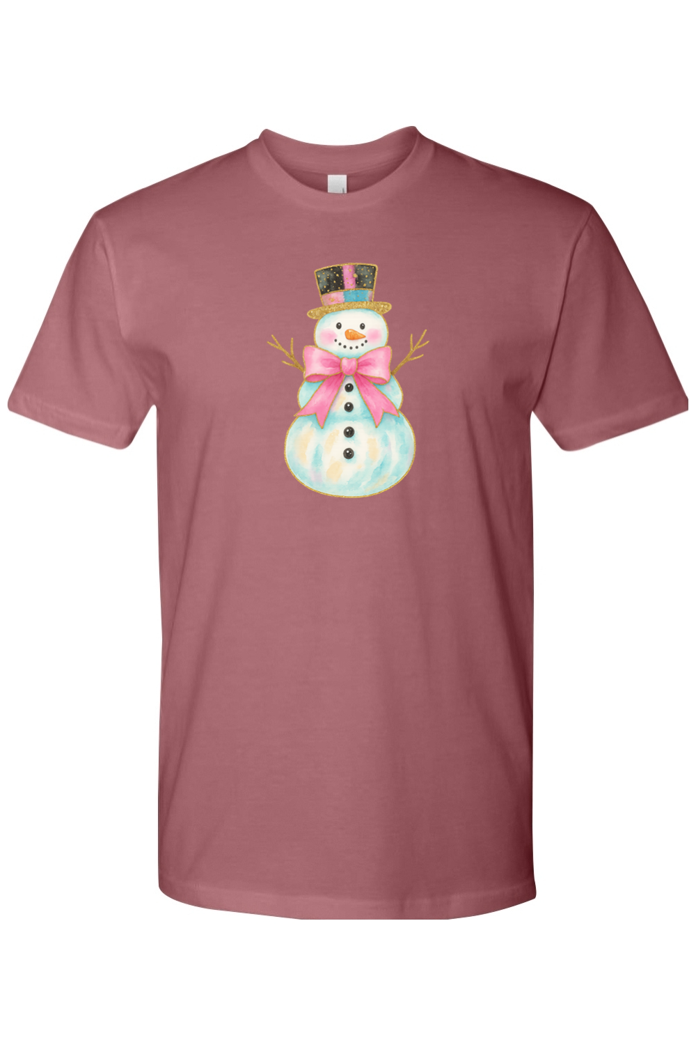 Mauve dark pink Christmas t-shirt with a watercolor snowman in a pink bow and top hat design cute girly festive holiday short sleeve shirt