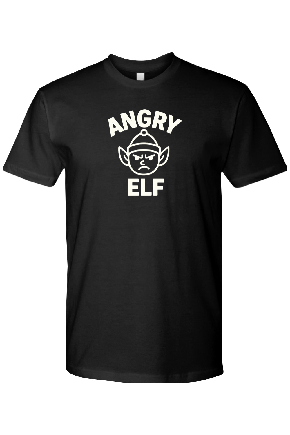 Black Christmas t-shirt with "Angry Elf' in white text with a minimal angry elf design funny sarcastic humor holiday short sleeve shirt
