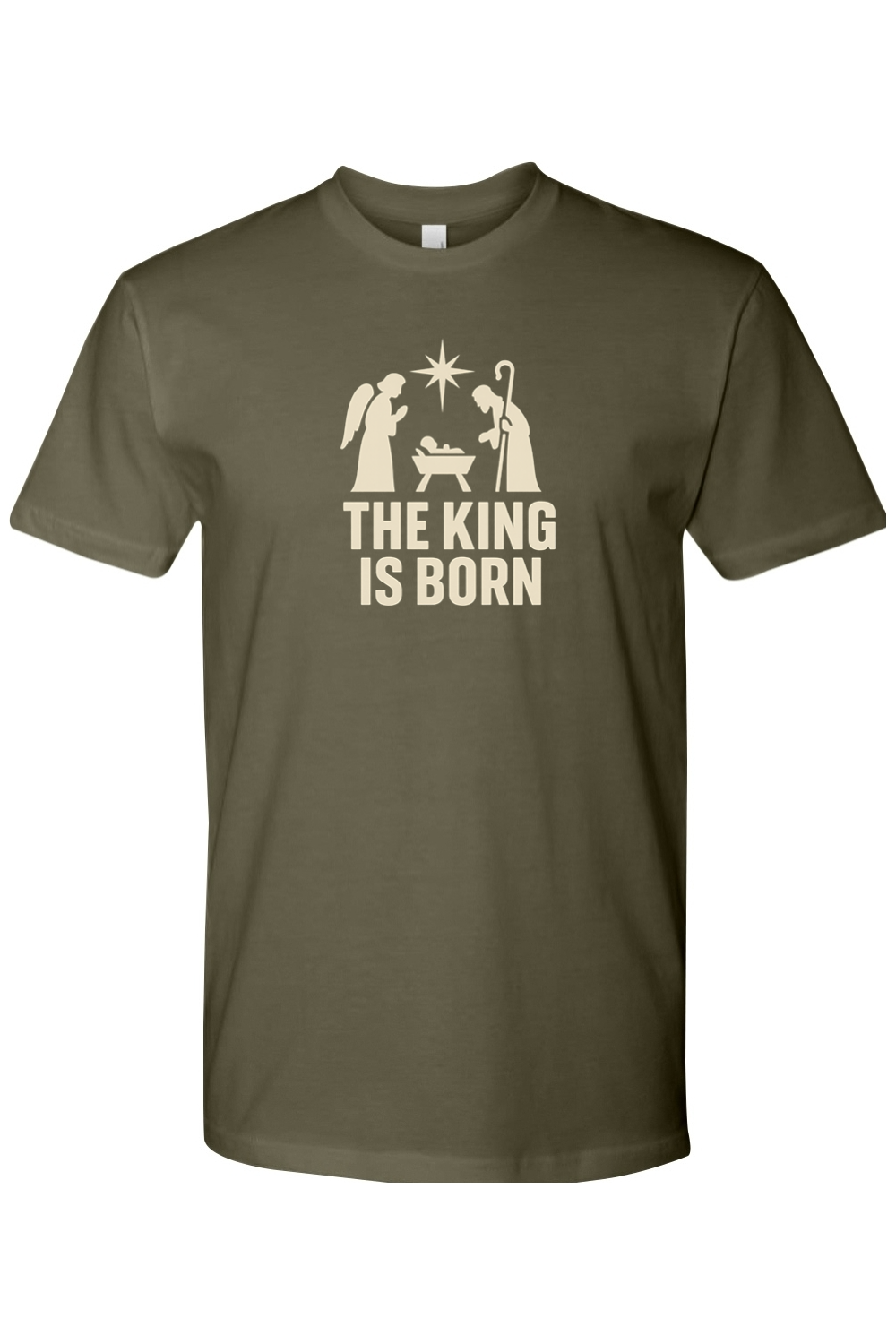 Olive green religious Christmas t-shirt with "The King is Born" text and an angel and shepherd with baby Jesus in a manager and star design God Christian holiday short sleeve shirt
