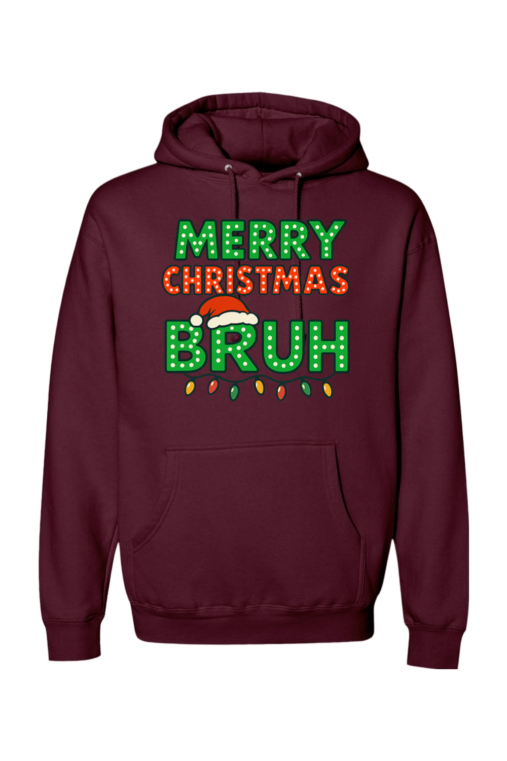 Maroon Christmas hoodie with "Merry Christmas Bruh" text with a Santa hat and Christmas lights design funny holiday humor long sleeve hooded sweatshirt