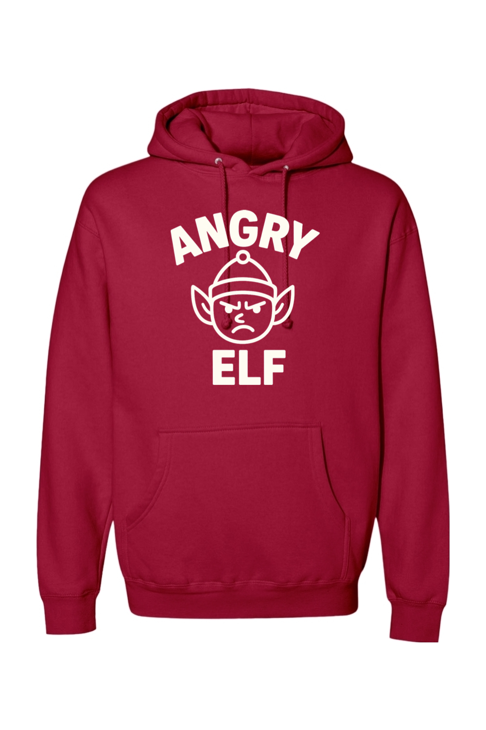 Red Christmas hoodie with "Angry Elf' in white text with a minimal angry elf design funny sarcastic humor holiday long sleeve hooded sweatshirt
