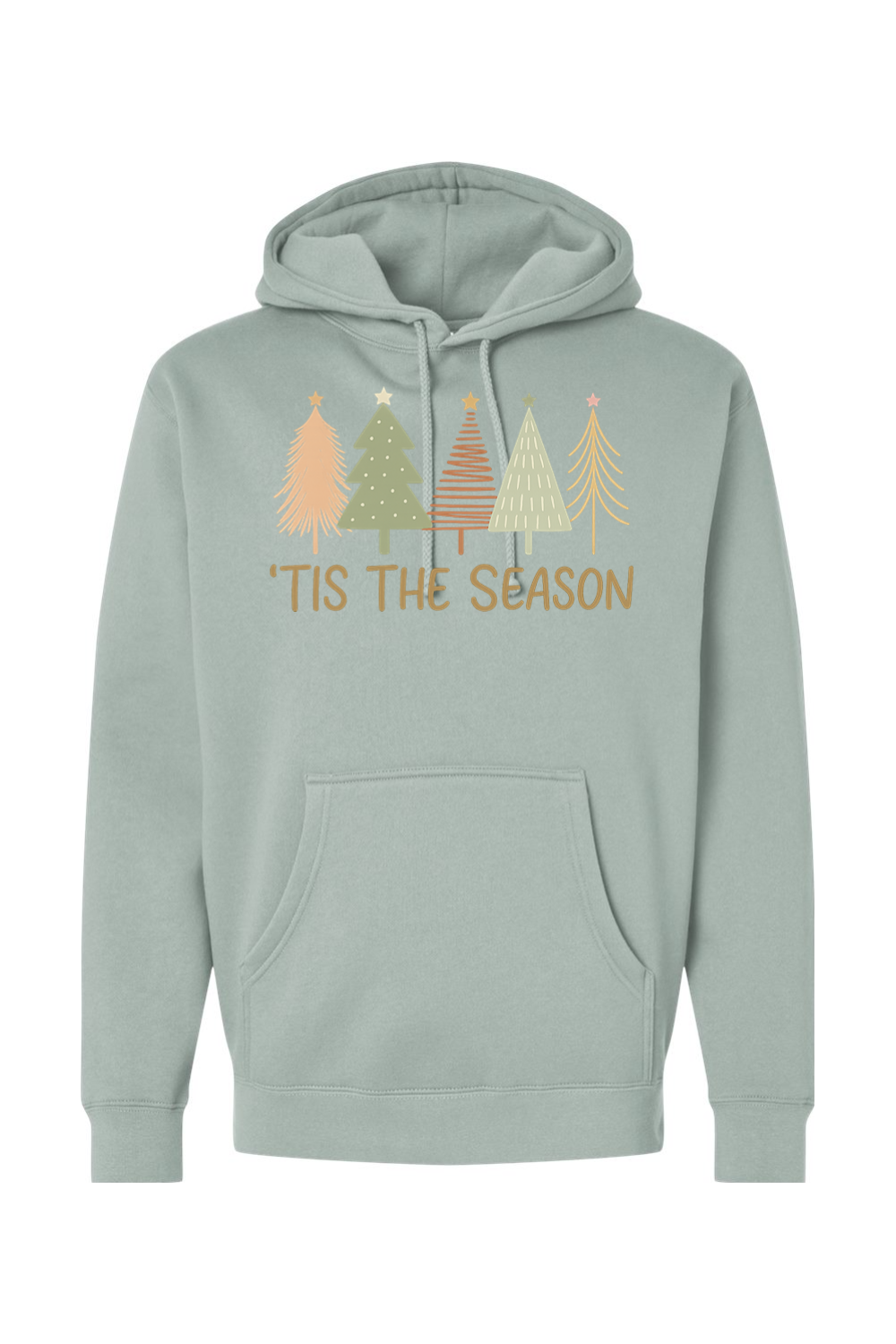 Light green Christmas hoodie with "'Tis the Season" text and pastel colored Christmas trees design cute trendy festive holiday long sleeve hooded sweatshirt