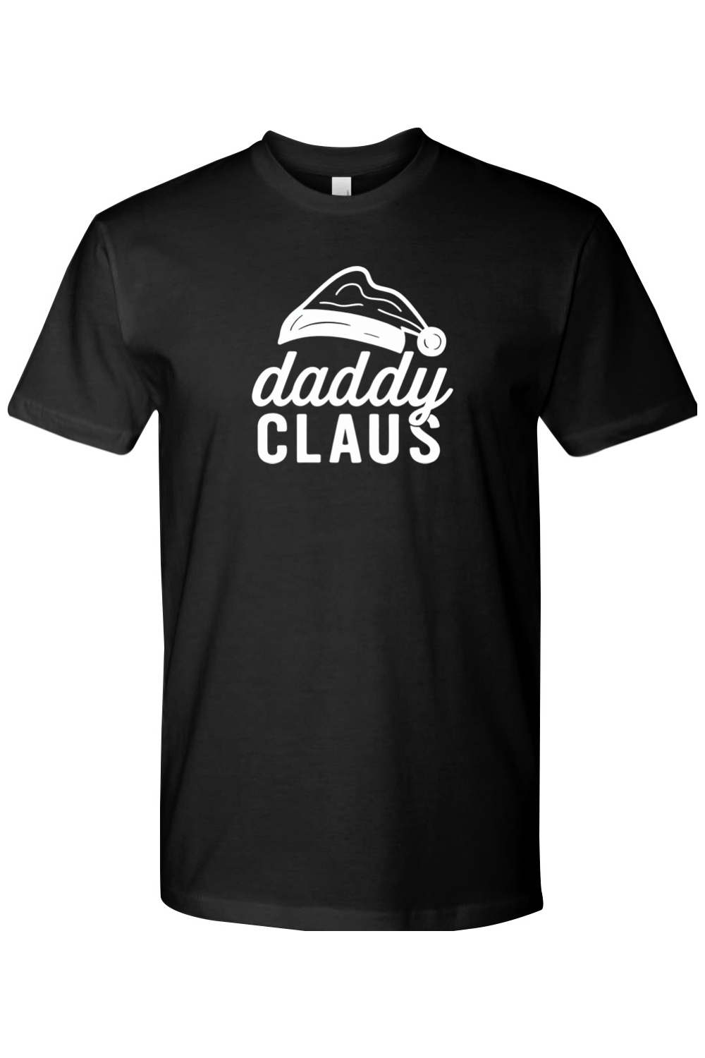 Black Christmas t-shirt with 'Daddy Claus' text and Santa hat graphic funny festive holiday short sleeve shirt