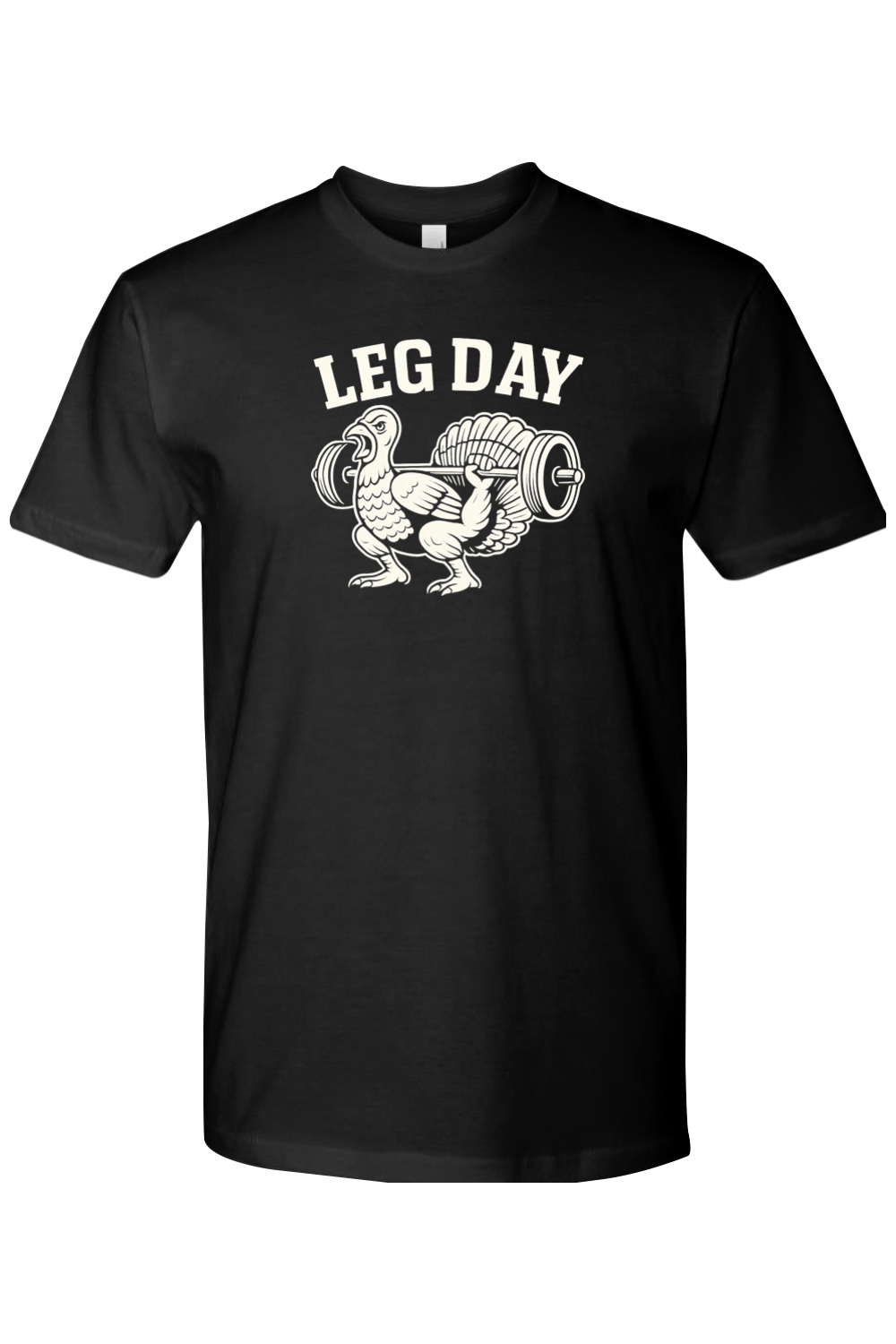 Black Thanksgiving t-shirt with "Leg Day" text and a turkey doing a squat with a barbell design lifting weights funny gym humor fall short sleeve shirt