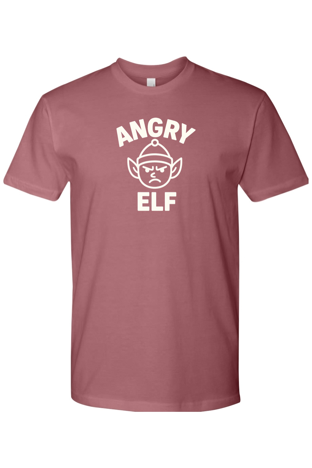 Mauve dark pink Christmas t-shirt with "Angry Elf' in white text with a minimal angry elf design funny sarcastic humor holiday short sleeve shirt