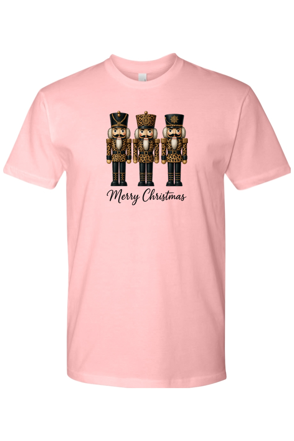 Light pink Christmas t-shirt with "Merry Christmas" text and three leopard print nutcrackers cute trendy girly festive holiday short sleeve shirt