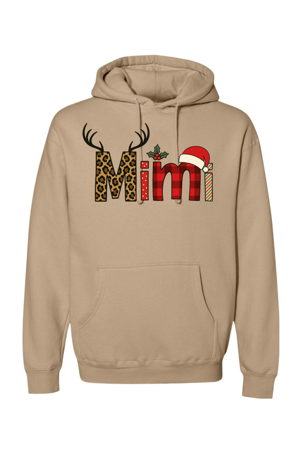 Dark beige Christmas hoodie with "Mimi" text antler design and the letters filled with leopard print, plaid, polka dots, and stripes cute grandma festive holiday long sleeve hooded sweatshirt