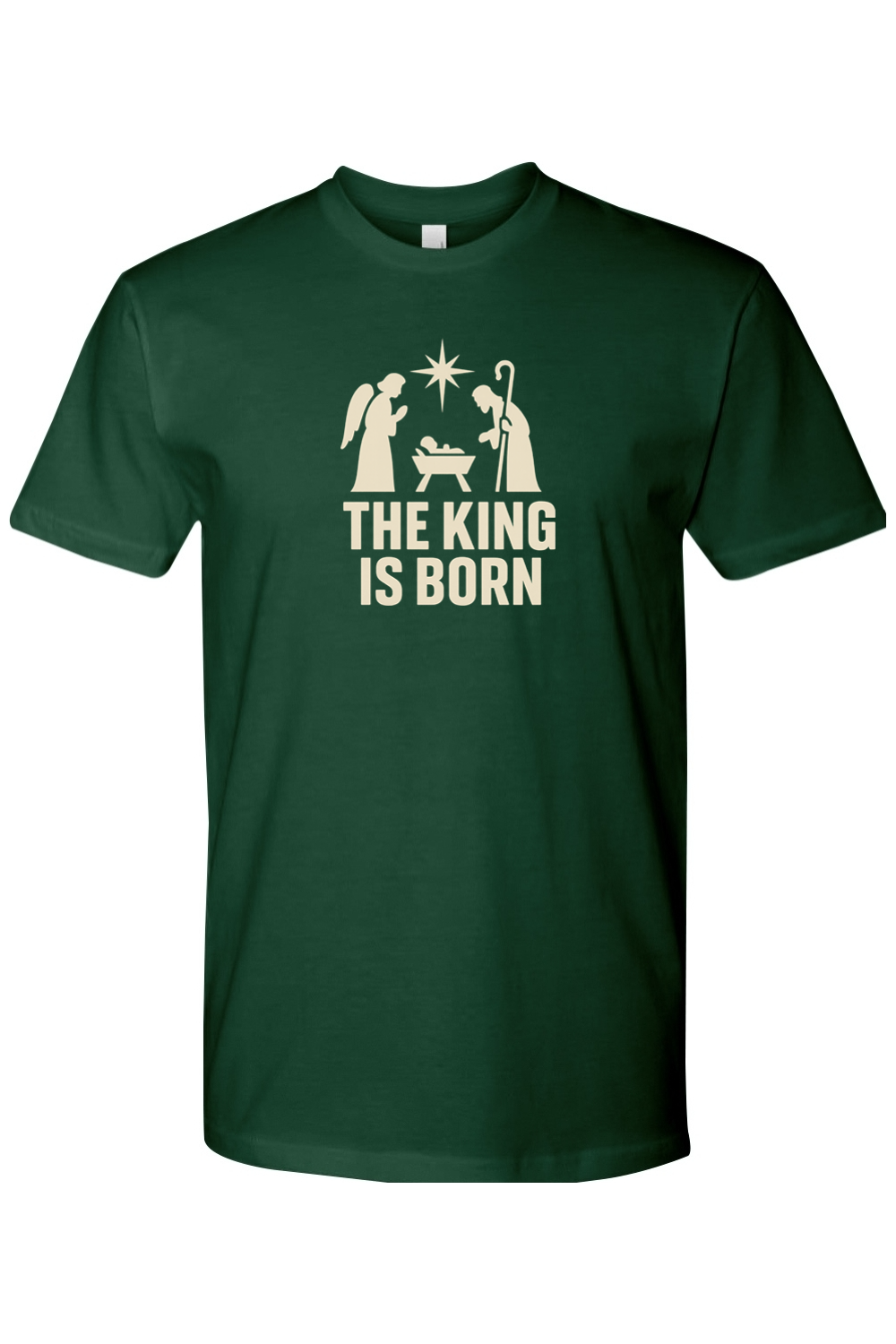Dark green religious Christmas t-shirt with "The King is Born" text and an angel and shepherd with baby Jesus in a manager and star design God Christian holiday short sleeve shirt