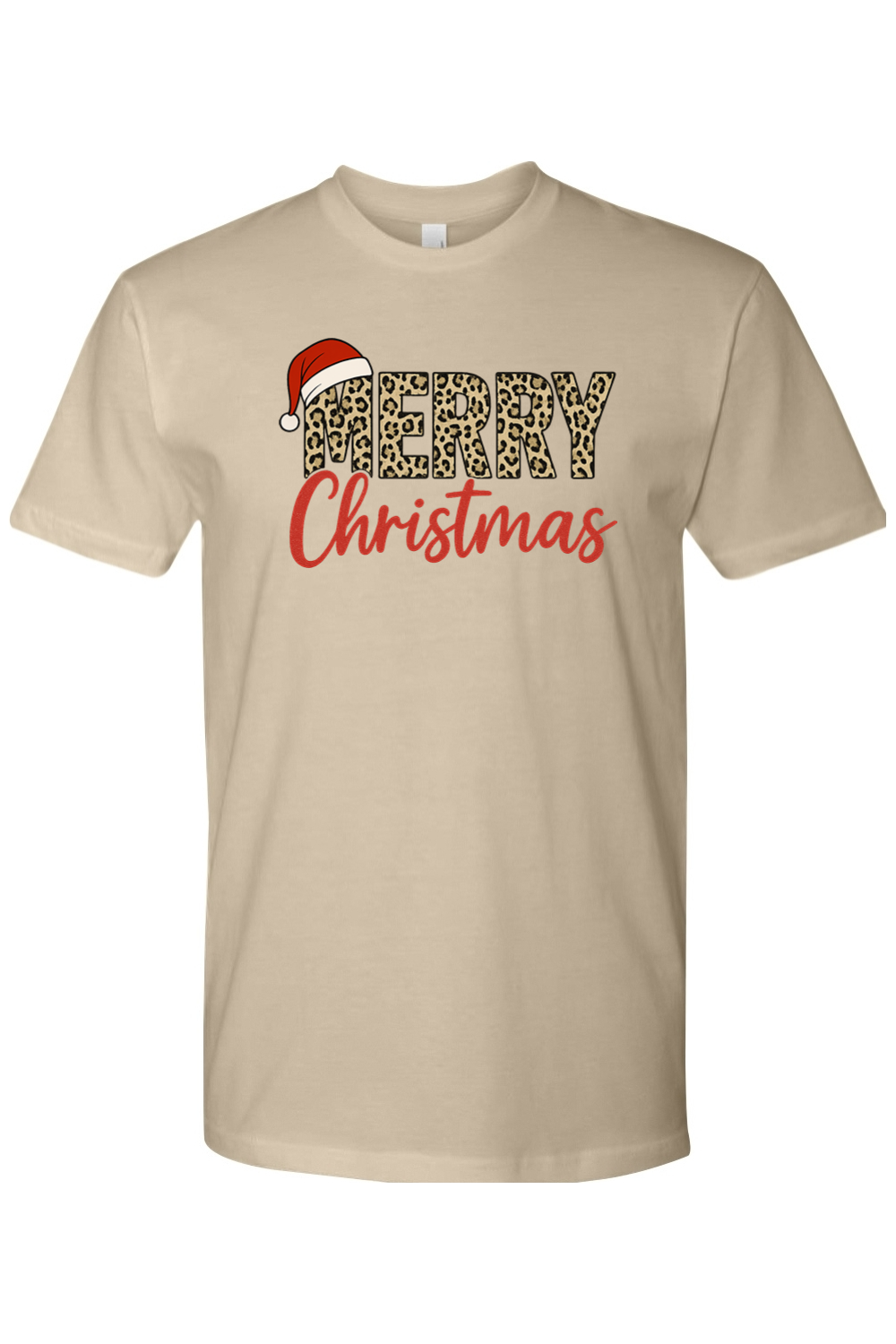 Sandy beige Christmas t-shirt with "Merry Christmas" text in leopard print and red with a Santa hat design cute trendy festive holiday short sleeve shirt