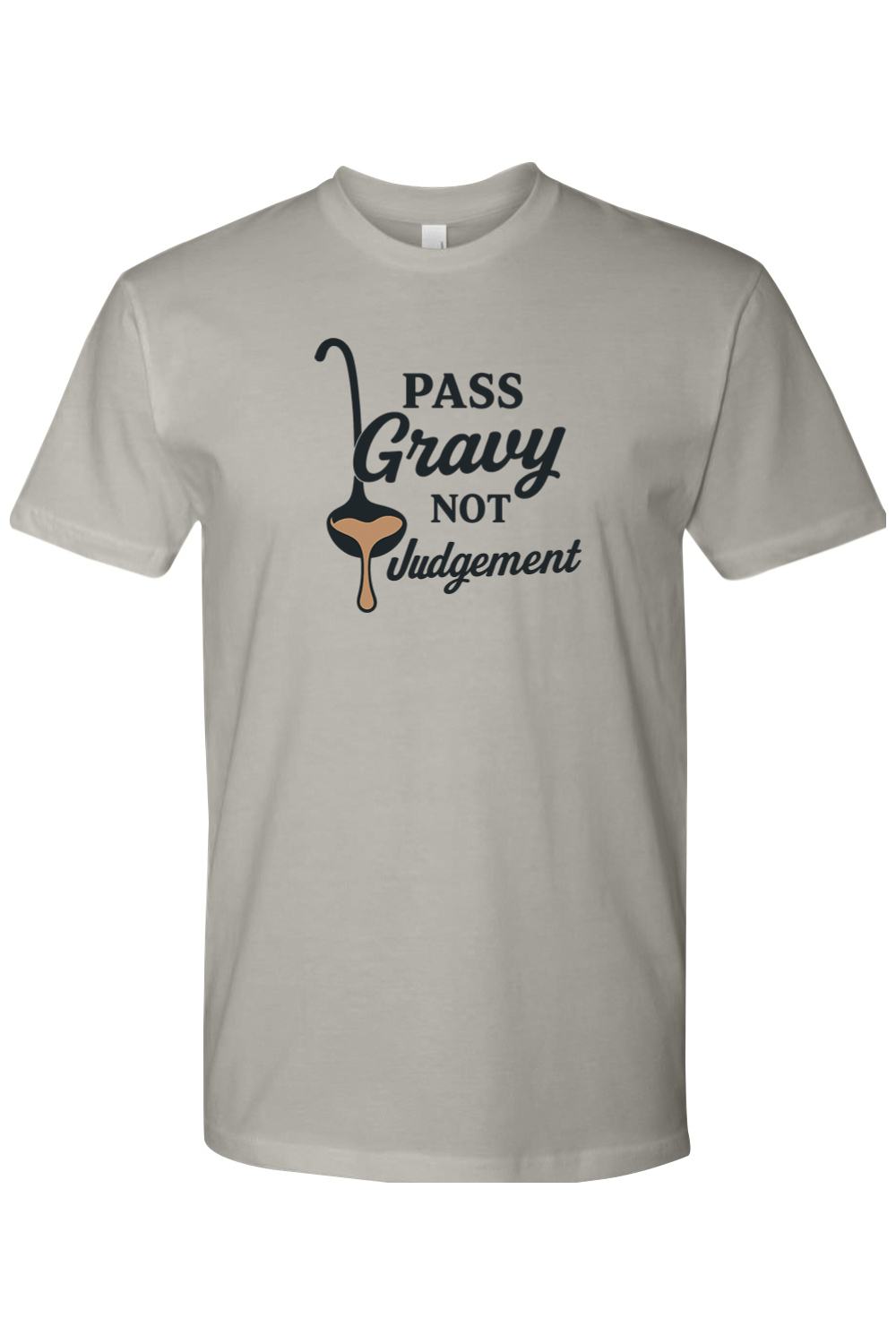 Gray Thanksgiving t-shirt with "Pass Gravy Not Judgement" text with a gravy spoon funny humor fall holiday short sleeve shirt
