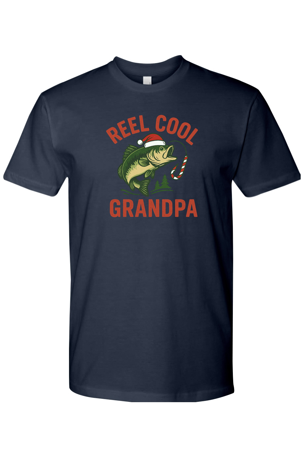 Navy blue Christmas t-shirt with "Reel Cool Grandpa" text in red with a fish in a Santa hat design and candy cane hook design festive fishing grandparent grandfather holiday short sleeve shirt