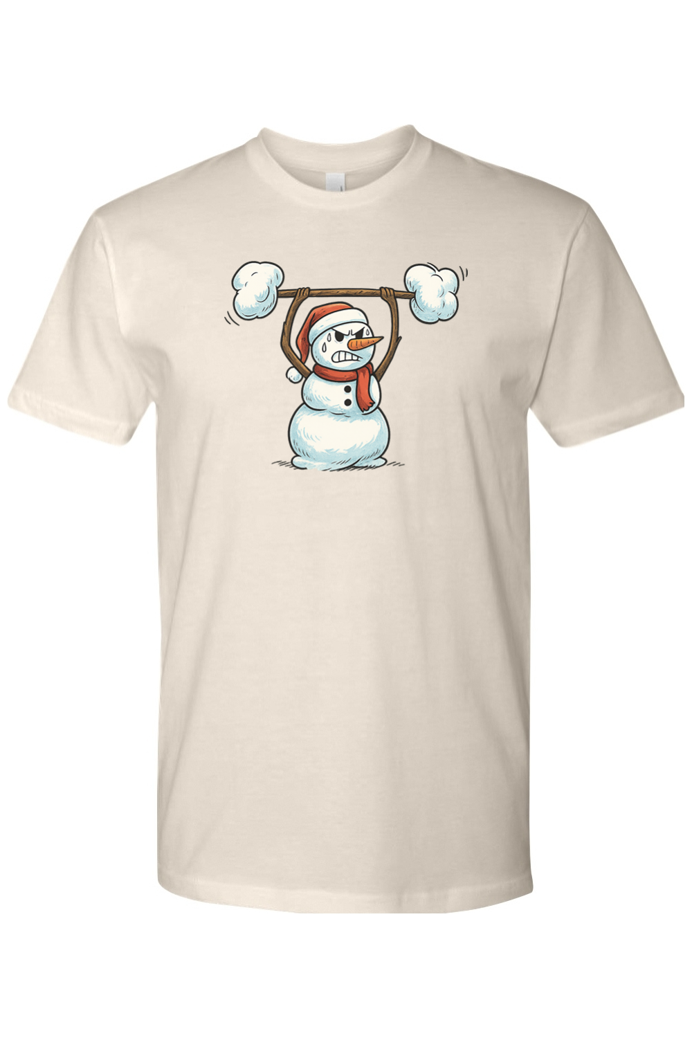 Beige Christmas t-shirt with a snowman lifting a snow barbell design funny gym humor festive holiday short sleeve shirt