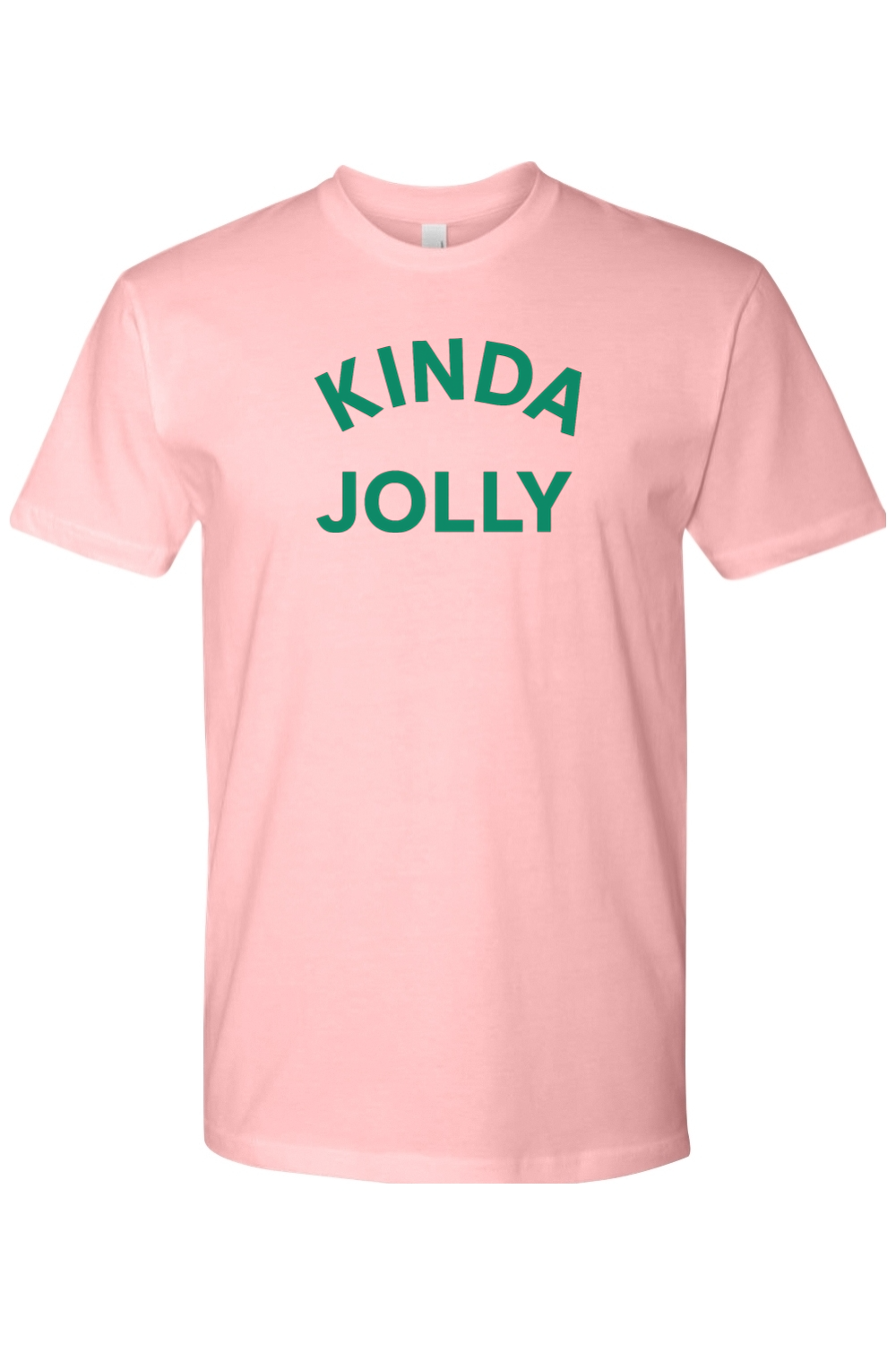 Light pink Christmas t-shirt with "Kinda Jolly" text in green funny sarcastic holiday humor short sleeve shirt
