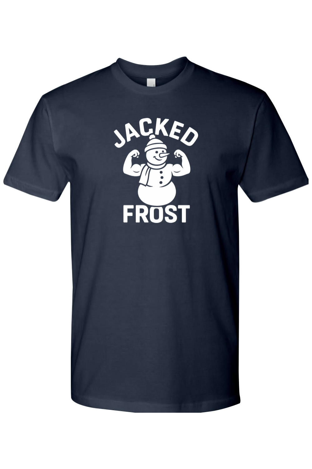 Navy blue Christmas t-shirt with "Jacked Frost" text in white with a muscular snowman flexing his biceps design funny gym humor festive holiday short sleeve shirt
