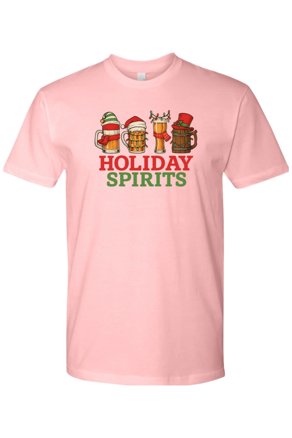 Pink funny Christmas beer t-shirt text Holiday Spirits with beer mug design 