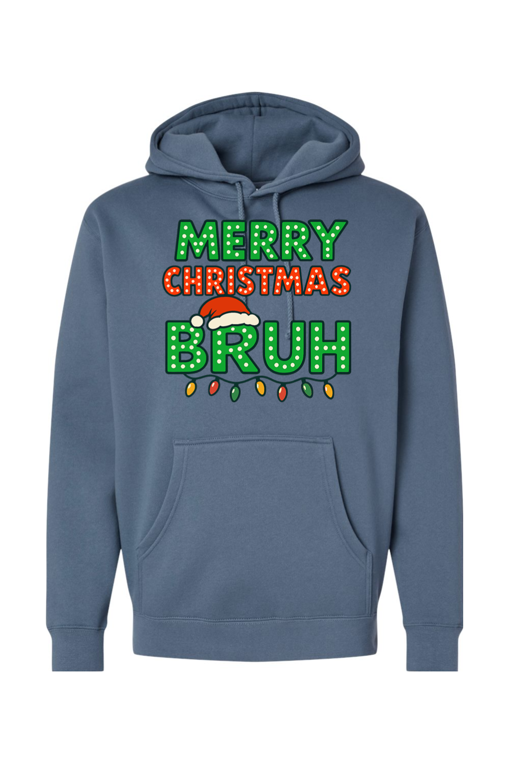 Blue Christmas hoodie with "Merry Christmas Bruh" text with a Santa hat and Christmas lights design funny holiday humor long sleeve hooded sweatshirt