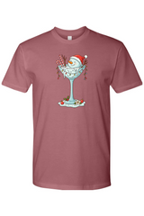 Dark pink Christmas t-shirt with a melted snowman sitting in a martini glass with candy canes, lights, and ornaments design cute festive holiday short sleeve shirt