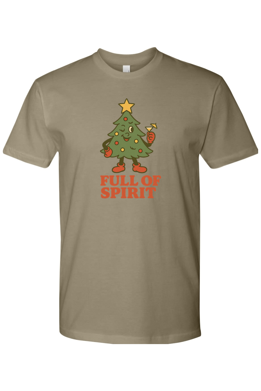 Olive green vintage Christmas t-shirt with "Full of Spirit" text with a Christmas tree holding a cocktail funny cute holiday humor short sleeve shirt