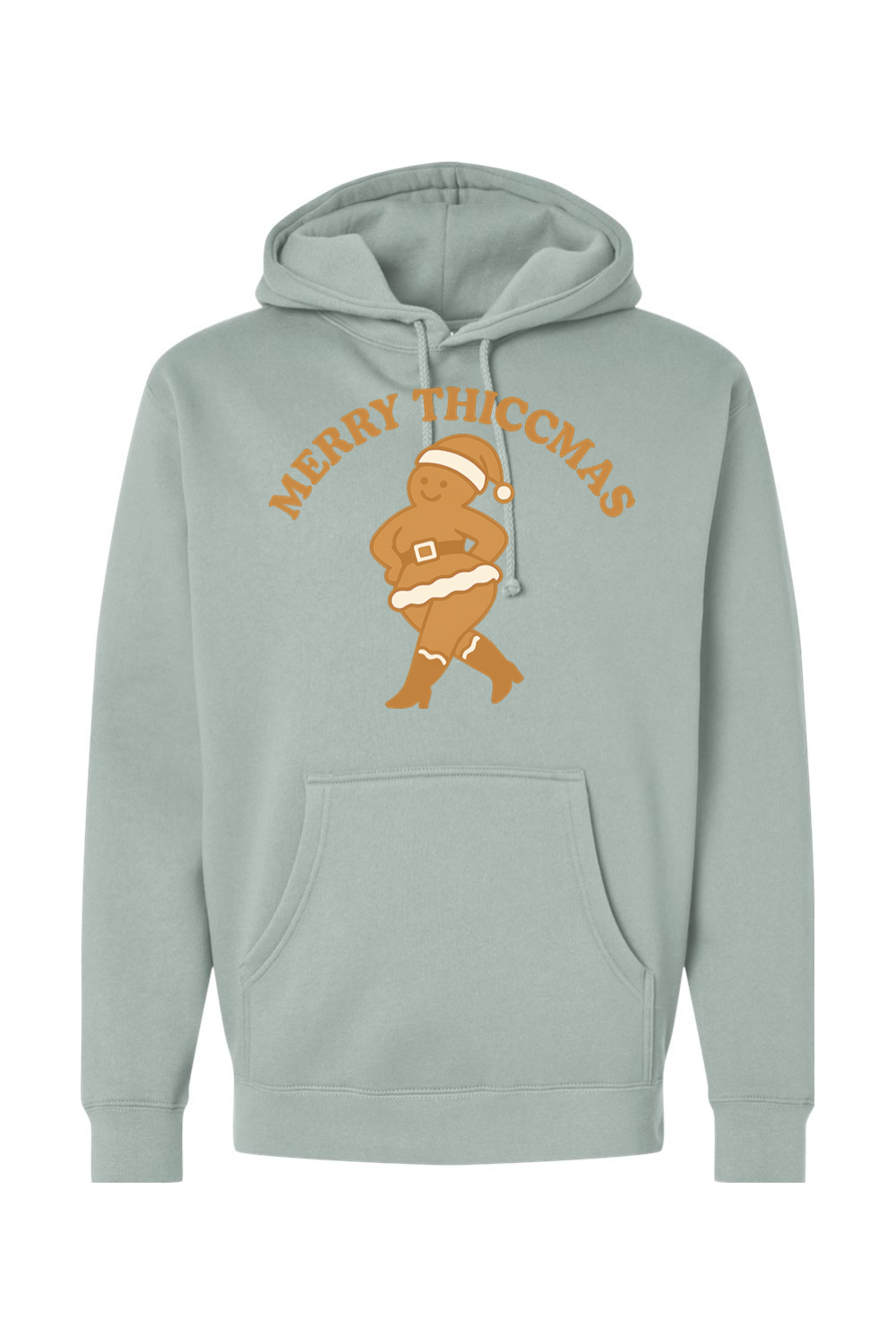 Light green Christmas hoodie with "Merry Thiccmas" text and a curvy gingerbread woman design funny humor edgy holiday festive long sleeve hooded sweatshirt