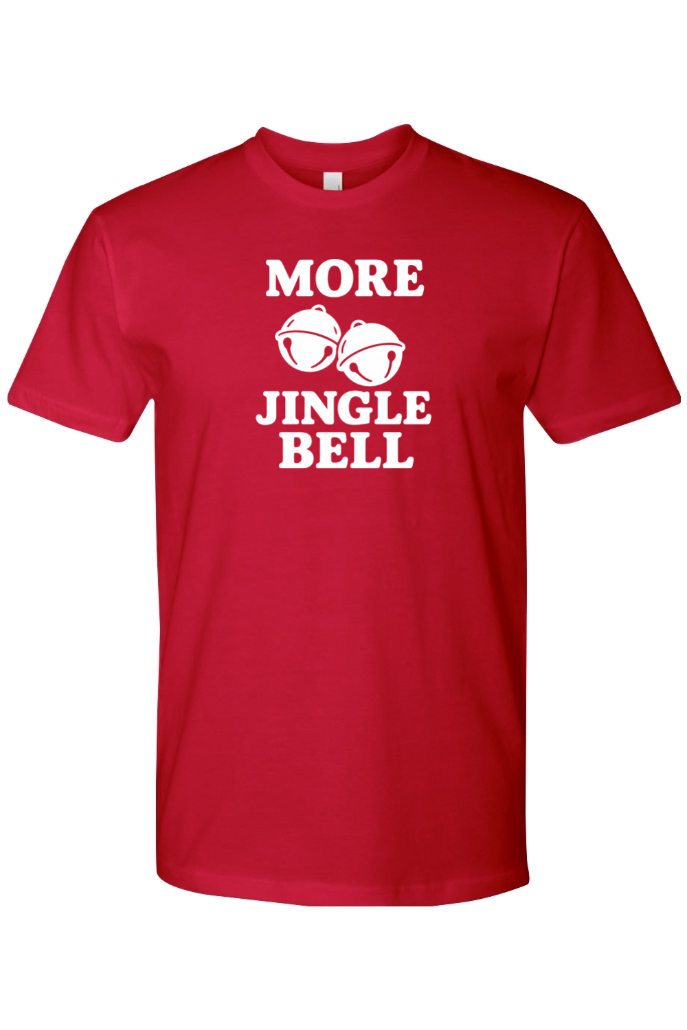 Red Christmas t-shirt with "More Jingle Bell" text in white with a bell design funny humor holiday festive short sleeve shirt