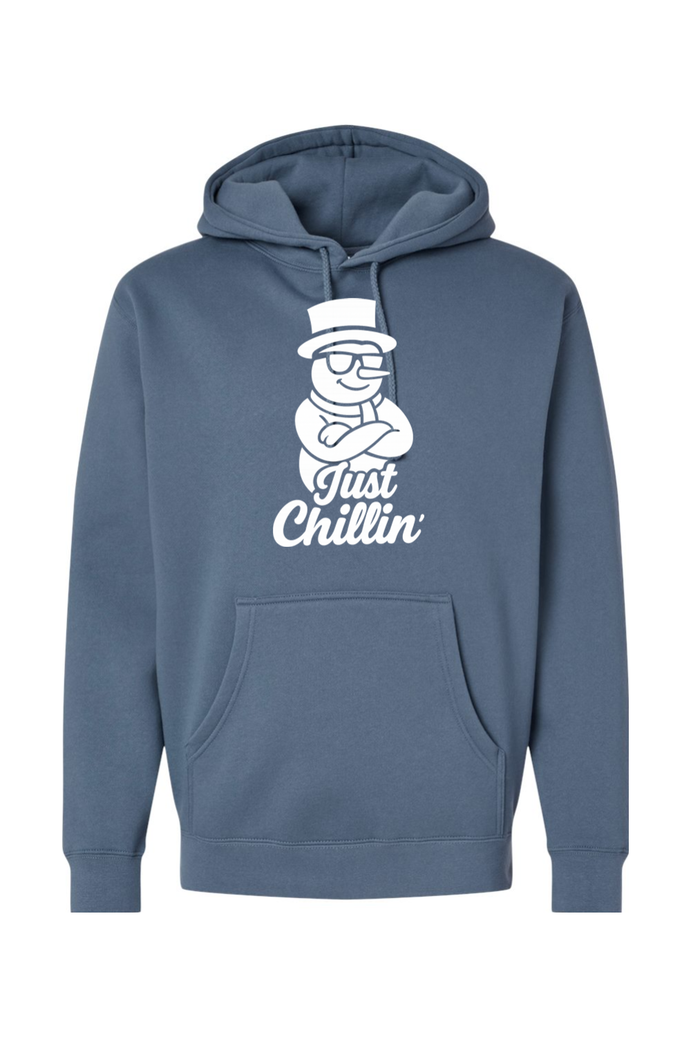 Blue Christmas hoodie with "Just Chillin'" text in white with a snowman wearing sunglasses and arms crossed design funny holiday humor long sleeve hooded sweatshirt