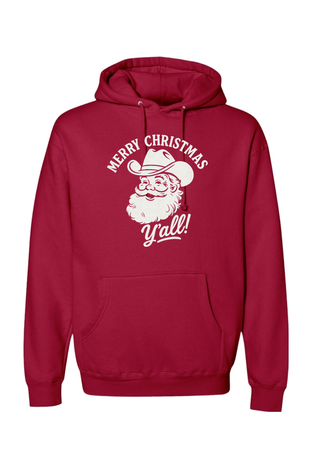 Red Christmas hoodie with "Merry Christmas Y'all!" text in white with Santa wearing a cowboy hat design funny western holiday long sleeve hooded sweatshirt
