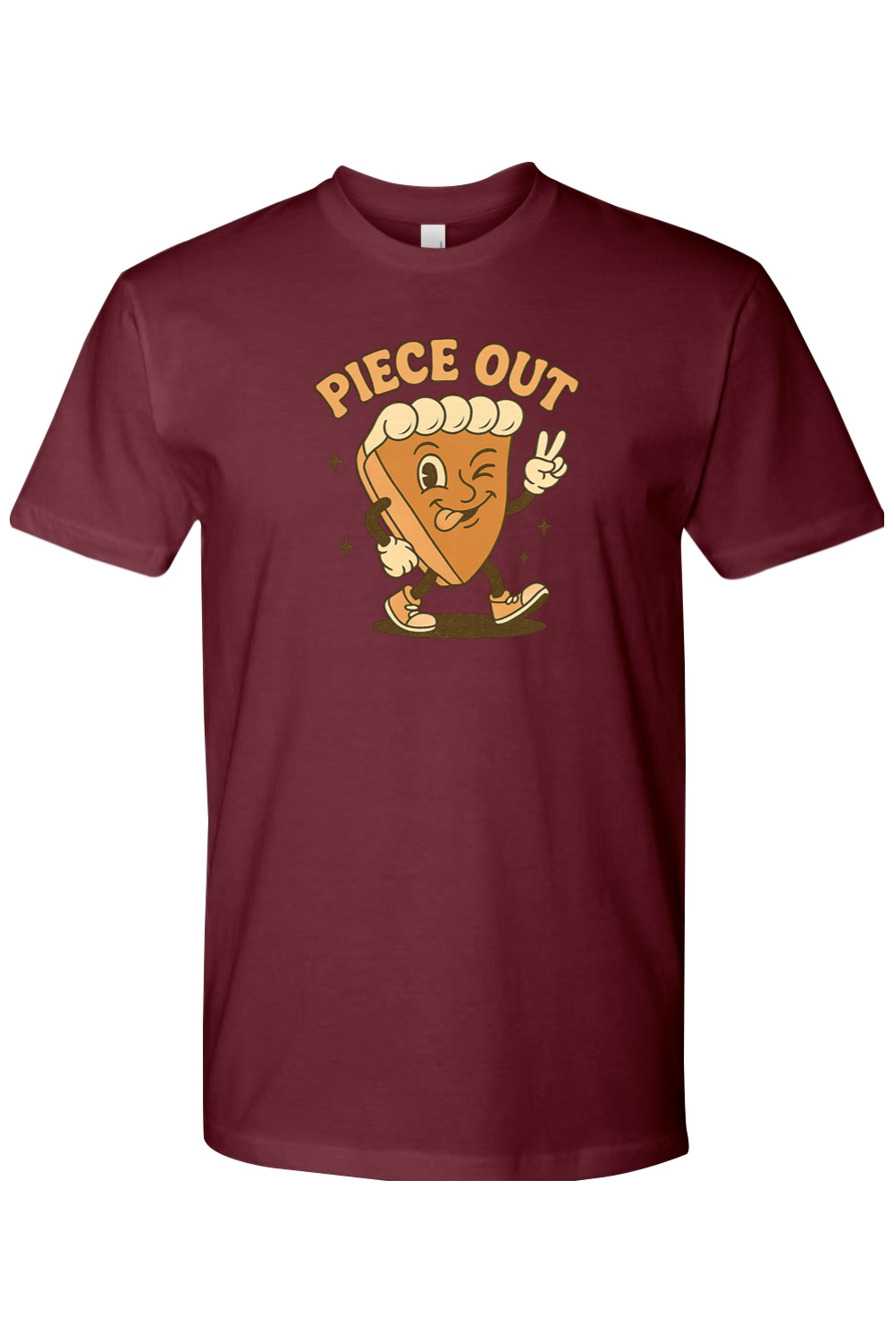 Maroon Thanksgiving t-shirt with "Piece Out" text and a slice of pie winking and giving a peace sign cool retro trendy fall holiday short sleeve shirt