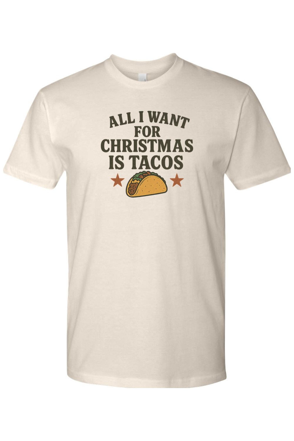 Cream beige Christmas t-shirt with "All I Want for Christmas is Tacos" text with taco and stars design funny humor festive holiday short sleeve shirt