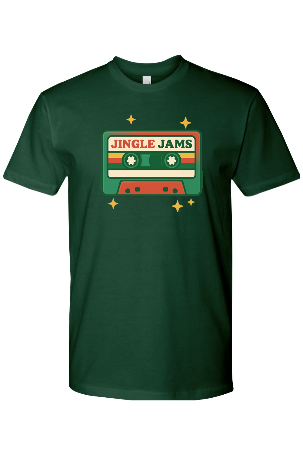Dark green vintage Christmas t-shirt with "Jingle Jams" text inside a cassette tape retro trendy holiday short sleeve shirt