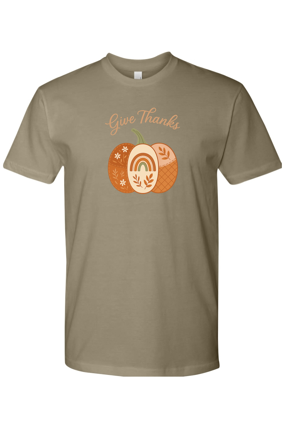 Light olive green Thanksgiving t-shirt with "Give Thanks" text and a patchwork floral leaves rainbow pumpkin design cute vintage trendy fall holiday short sleeve shirt