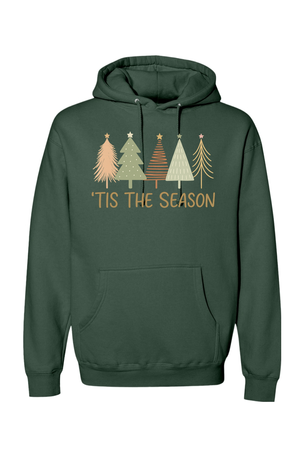 Pine green Christmas hoodie with "'Tis the Season" text and pastel colored Christmas trees design cute trendy festive holiday long sleeve hooded sweatshirt
