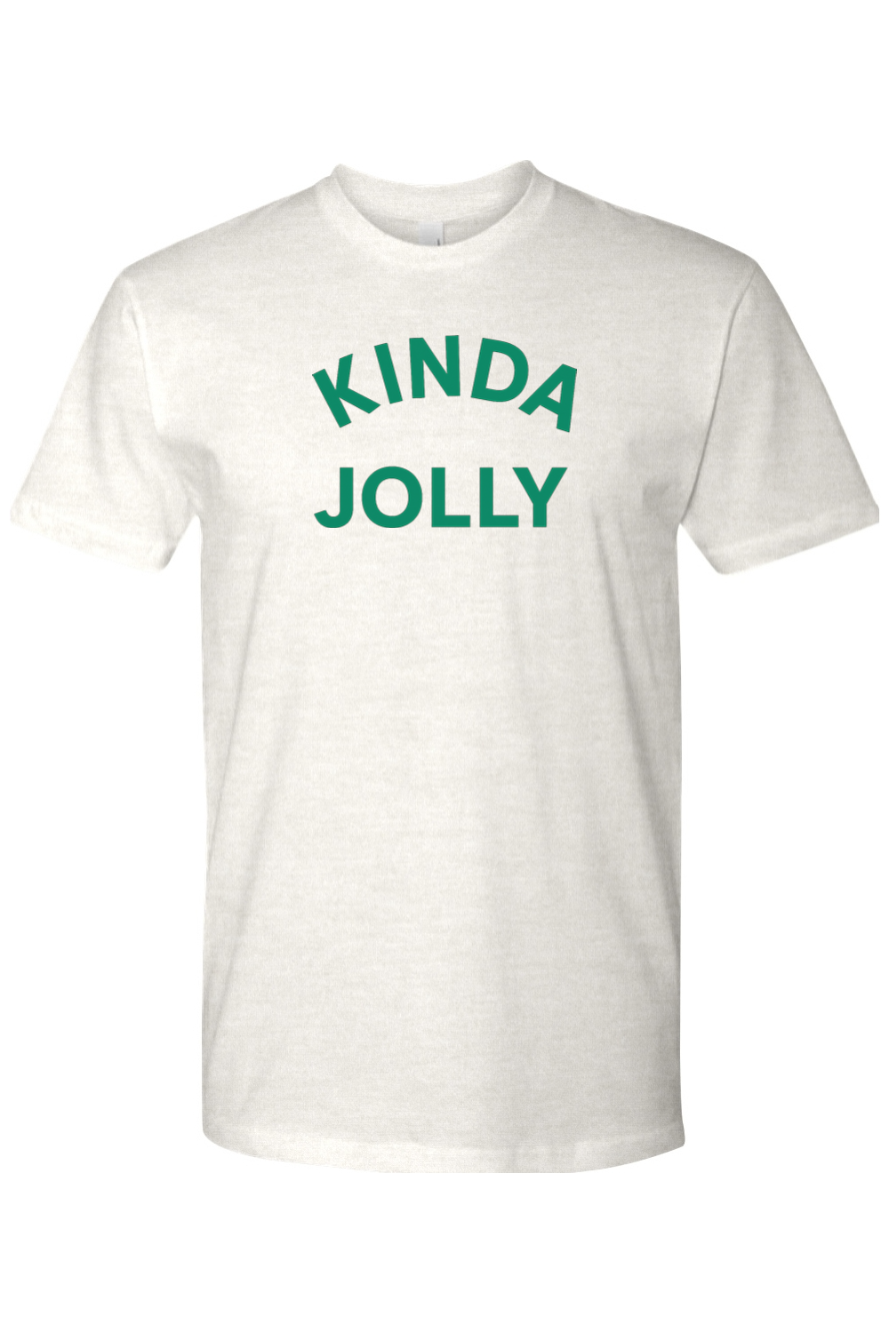 Light cream Christmas t-shirt with "Kinda Jolly" text in green funny sarcastic holiday humor short sleeve shirt