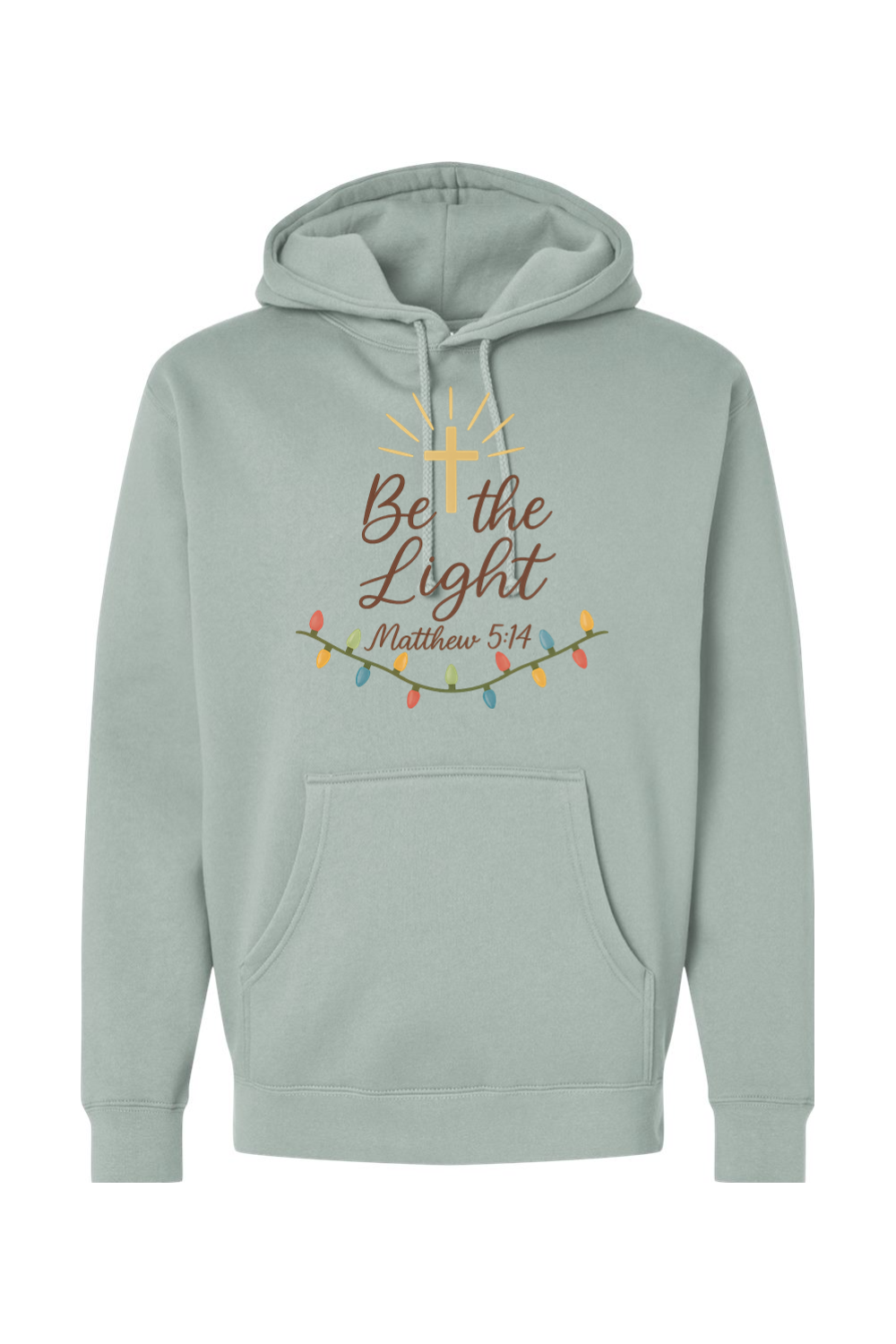 Light green Christmas hoodie with "Be the Light Matthew 5:14" text and a cross Christmas lights design cute trendy religious God Jesus Christian holiday long sleeve hooded sweatshirt