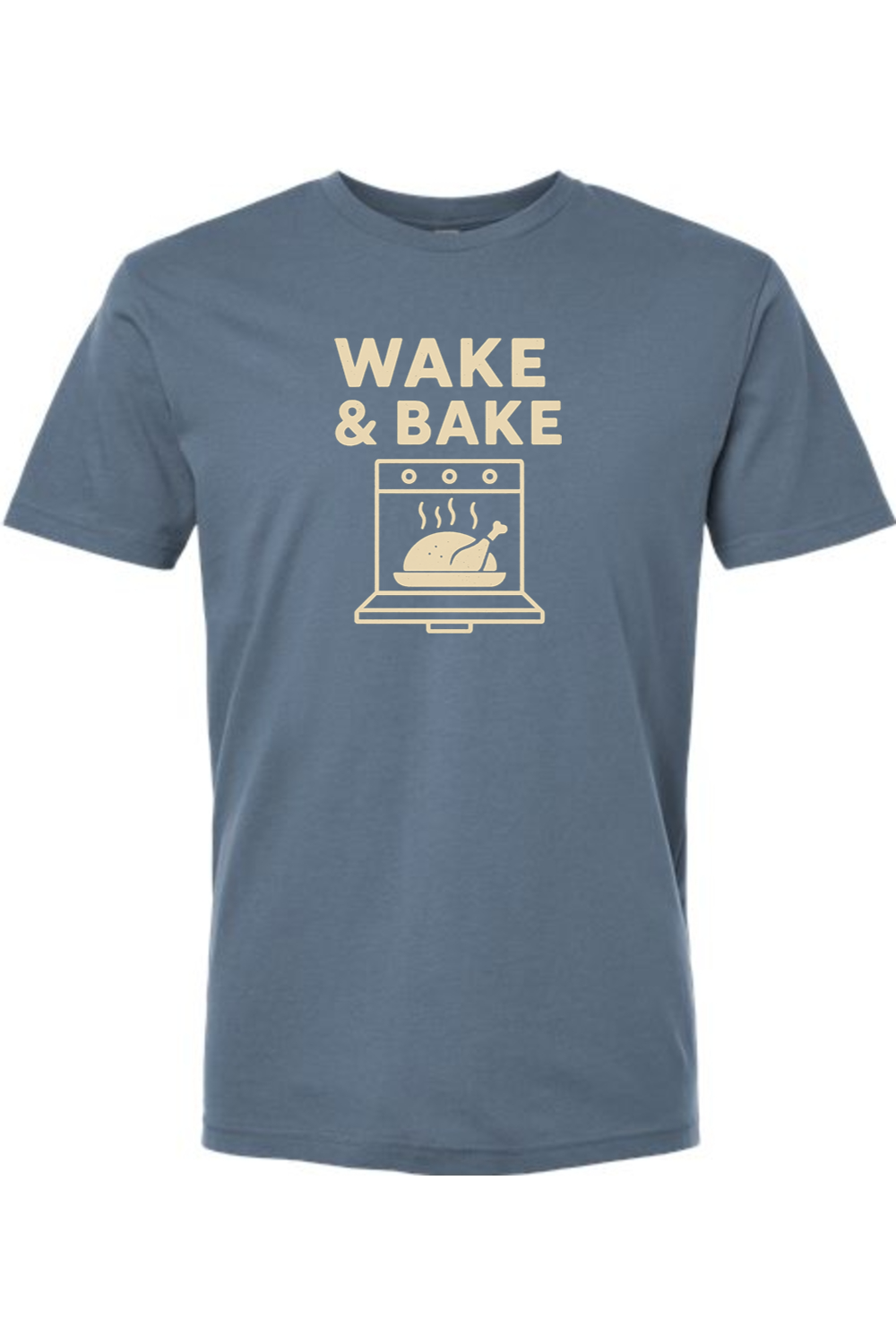 Blue Thanksgiving t-shirt with "Wake & Bake" text and a turkey in an oven design funny sarcastic humor holiday fall short sleeve shirt