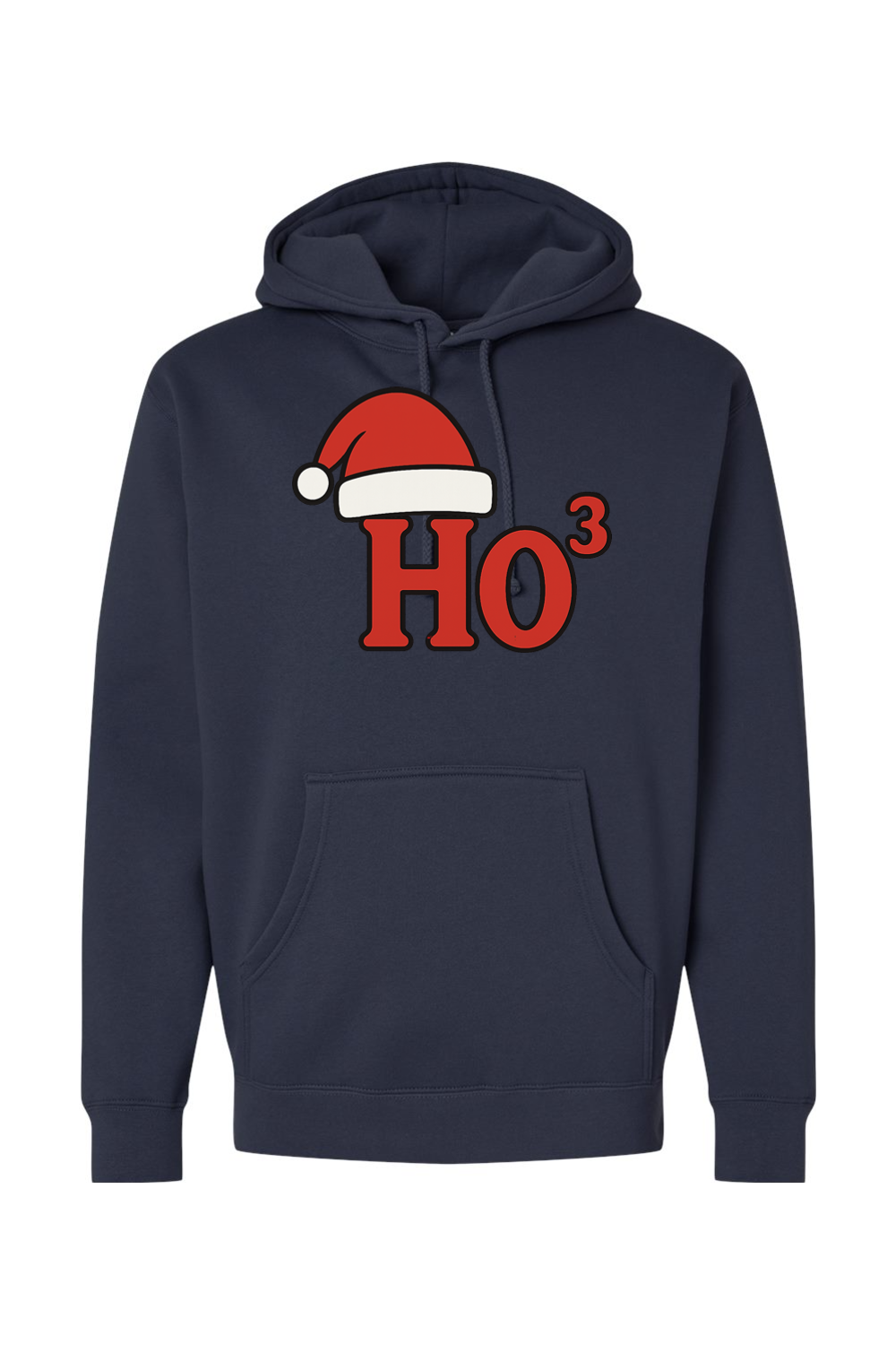 Navy blue Christmas hoodie with "Ho³" text in red with a Santa hat design funny holiday humor long sleeve hooded sweatshirt