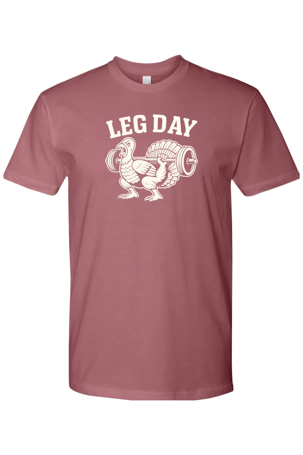 Mauve dark pink Thanksgiving t-shirt with "Leg Day" text and a turkey doing a squat with a barbell design lifting weights funny gym humor fall short sleeve shirt