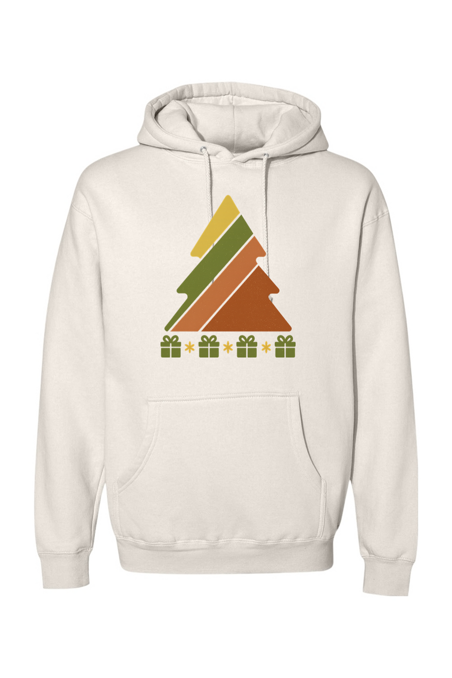 Cream vintage Christmas hoodie with a retro striped Christmas tree and presents underneath design cool trendy holiday long sleeve hooded sweatshirt