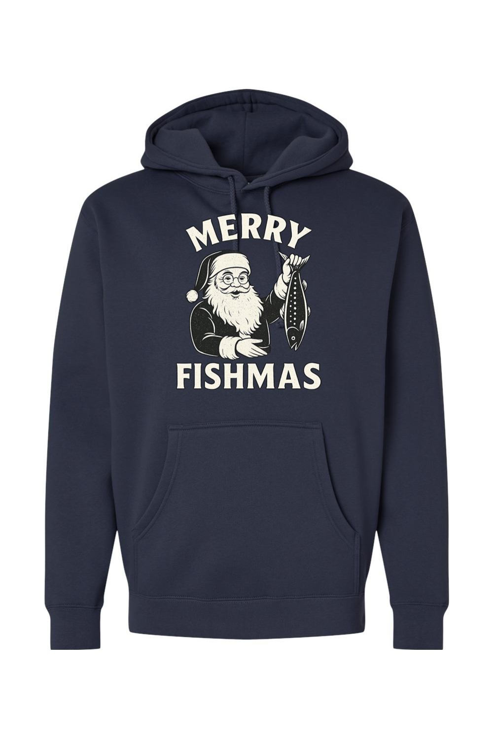 Navy blue Christmas hoodie with "Merry Fishmas" text with Santa holding a fish design funny fishing holiday festive long sleeve hooded sweatshirt