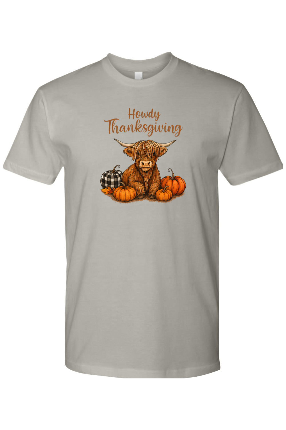 Grey gray Thanksgiving t-shirt with "Howdy Thanksgiving" text and a highland cow with pumpkins cute country fall holiday short sleeve shirt